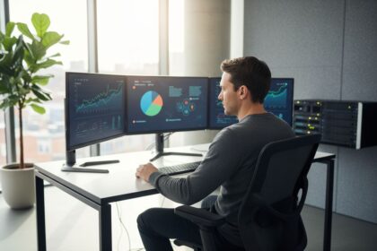 Équipe informatique analysant des données sur un écran d'ordinateur en entreprise