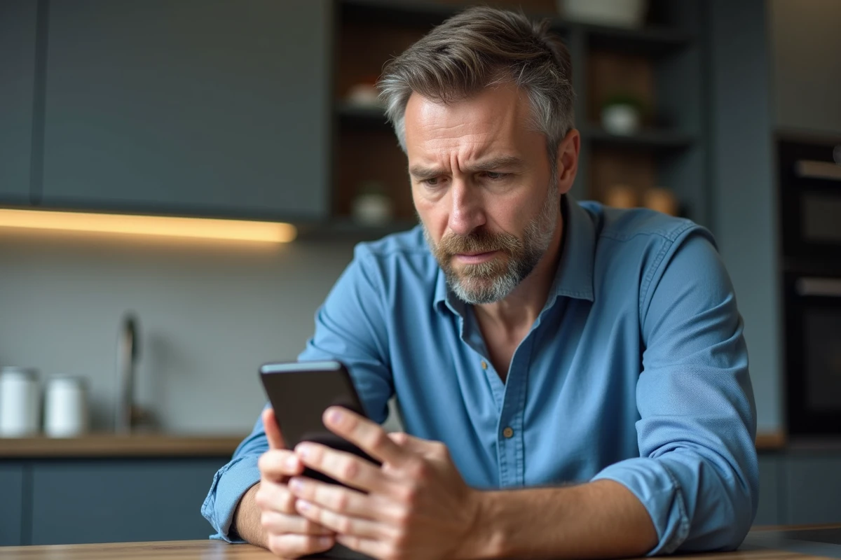 Homme consultant l'espace client Orange sur smartphone avec un problème de connexion dans une cuisine moderne