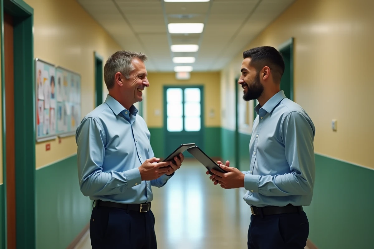 Accueil d'un nouveau collègue enseignant par un responsable dans les couloirs d'un établissement scolaire de l'académie de Grenoble