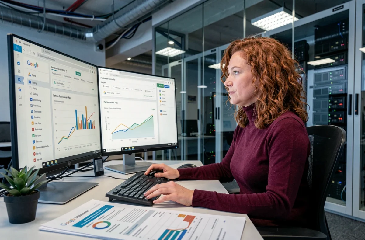 Analyste de données de l'agence Adenlab examinant les performances d'une campagne Google Ads Performance Max