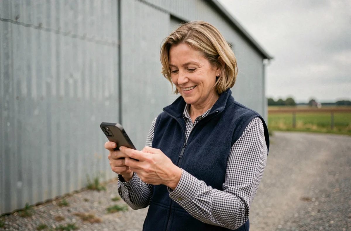 Adhérente de la coopérative Terrena utilisant l'application TERCIEL sur smartphone devant un hangar agricole