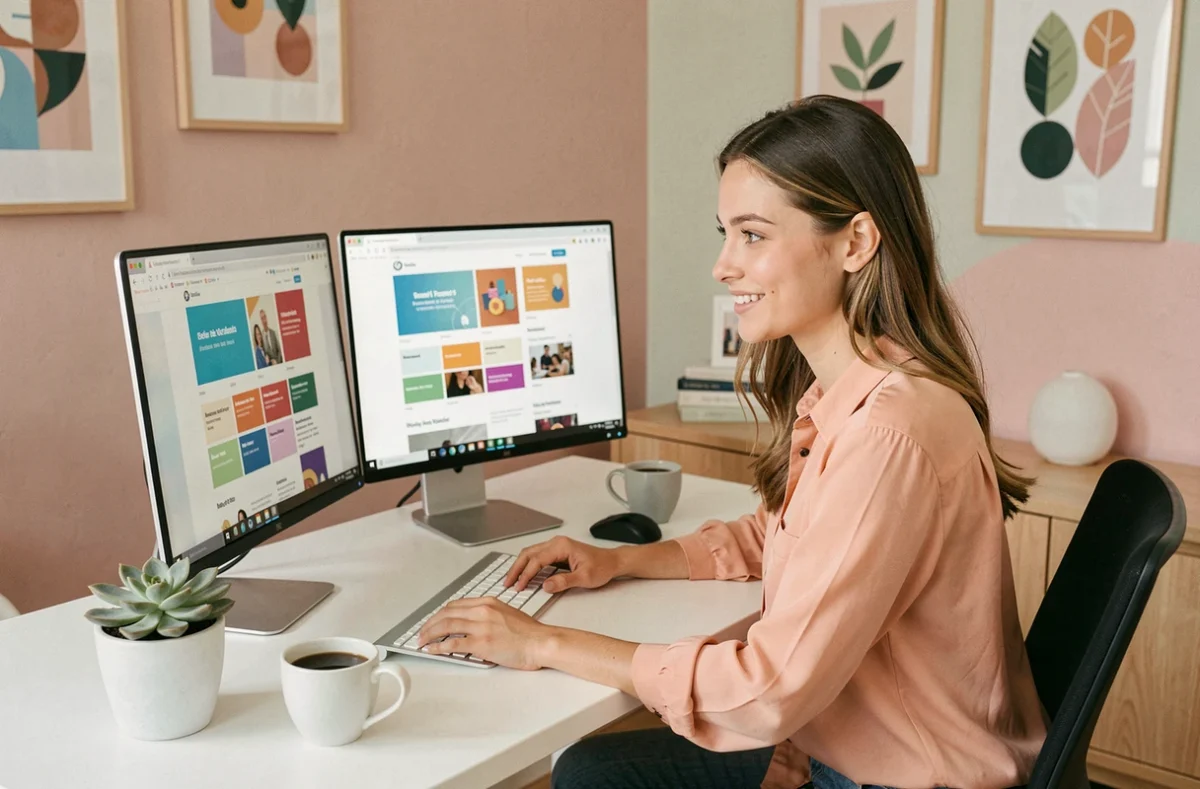 Designer de l'Agence Peach travaillant sur des maquettes de sites web colorées dans un studio créatif lumineux