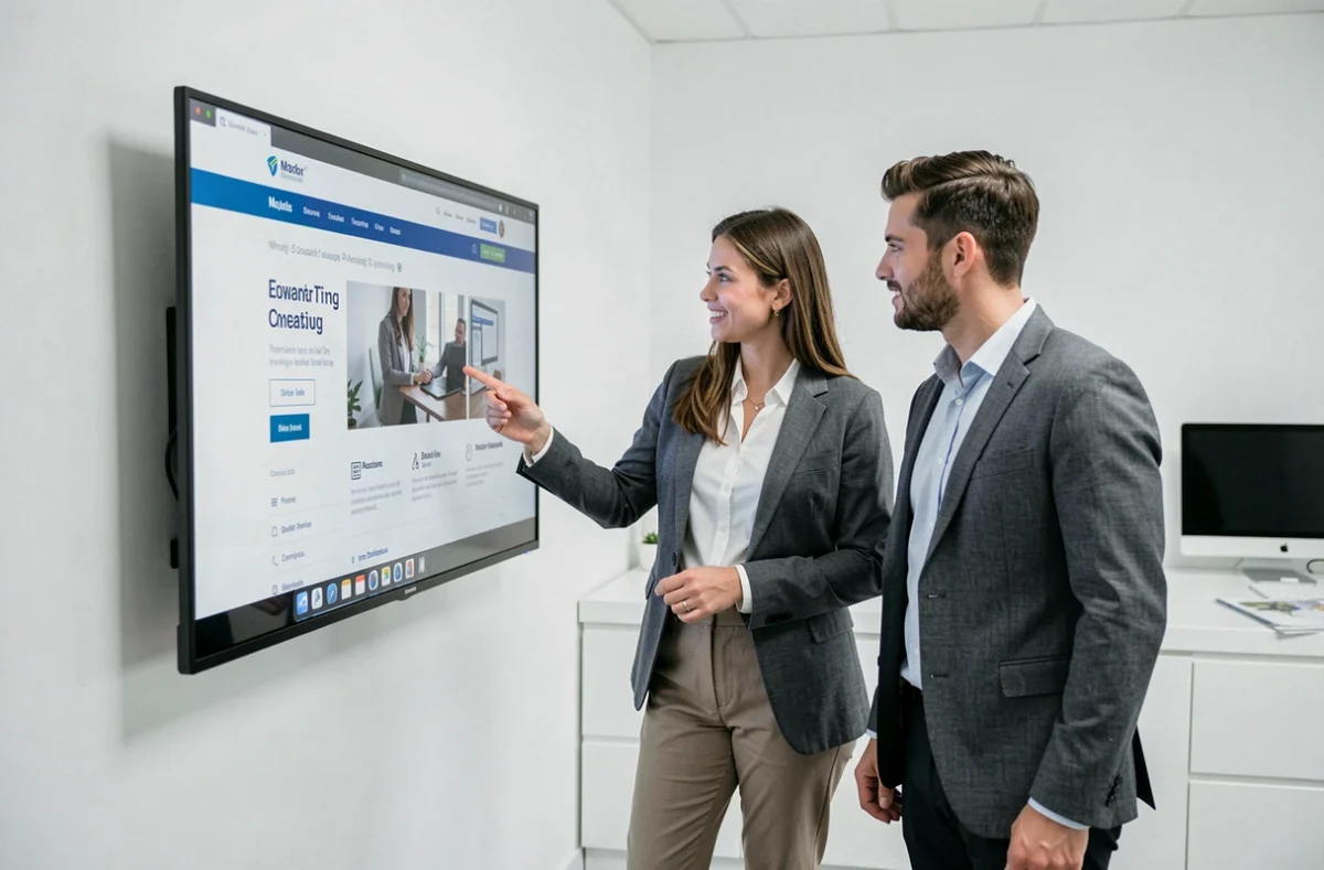 Équipe de l'agence Agence2Web révisant la conception d'un site e-commerce sur un écran tactile dans un studio minimaliste