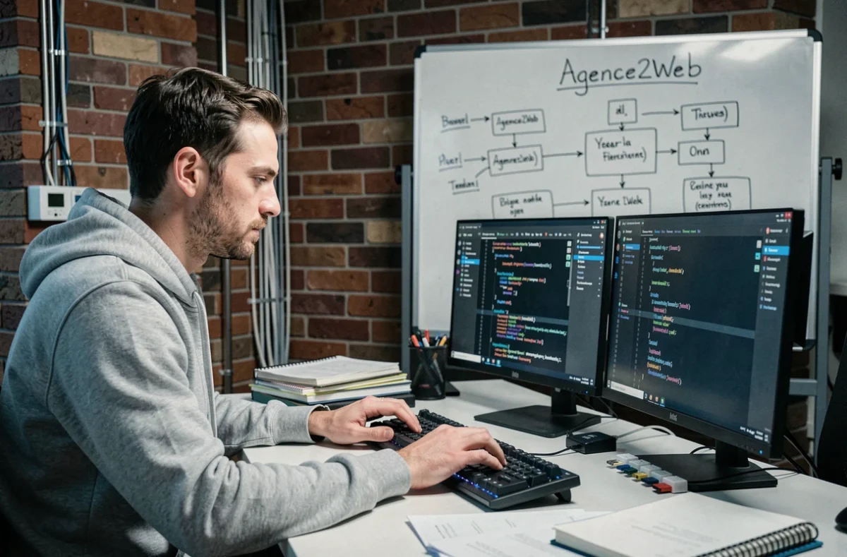 Développeur web d'Agence2Web codant une architecture de site internet sur deux écrans dans un bureau moderne