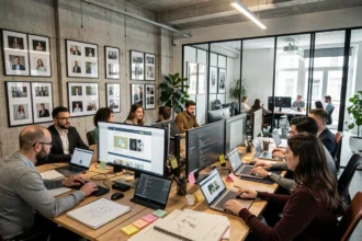 Équipe d'une agence web en Seine-Saint-Denis collaborant dans un open space moderne autour de maquettes de sites internet