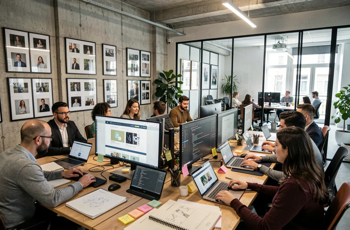 Équipe d'une agence web en Seine-Saint-Denis collaborant dans un open space moderne autour de maquettes de sites internet