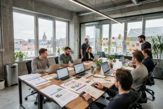 Vue d'ensemble d'une agence marketing digitale moderne dans les Hauts-de-France, avec des professionnels travaillant sur des campagnes Google Ads