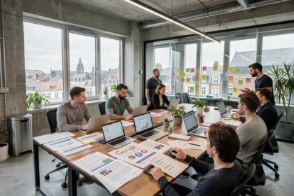 Vue d'ensemble d'une agence marketing digitale moderne dans les Hauts-de-France, avec des professionnels travaillant sur des campagnes Google Ads