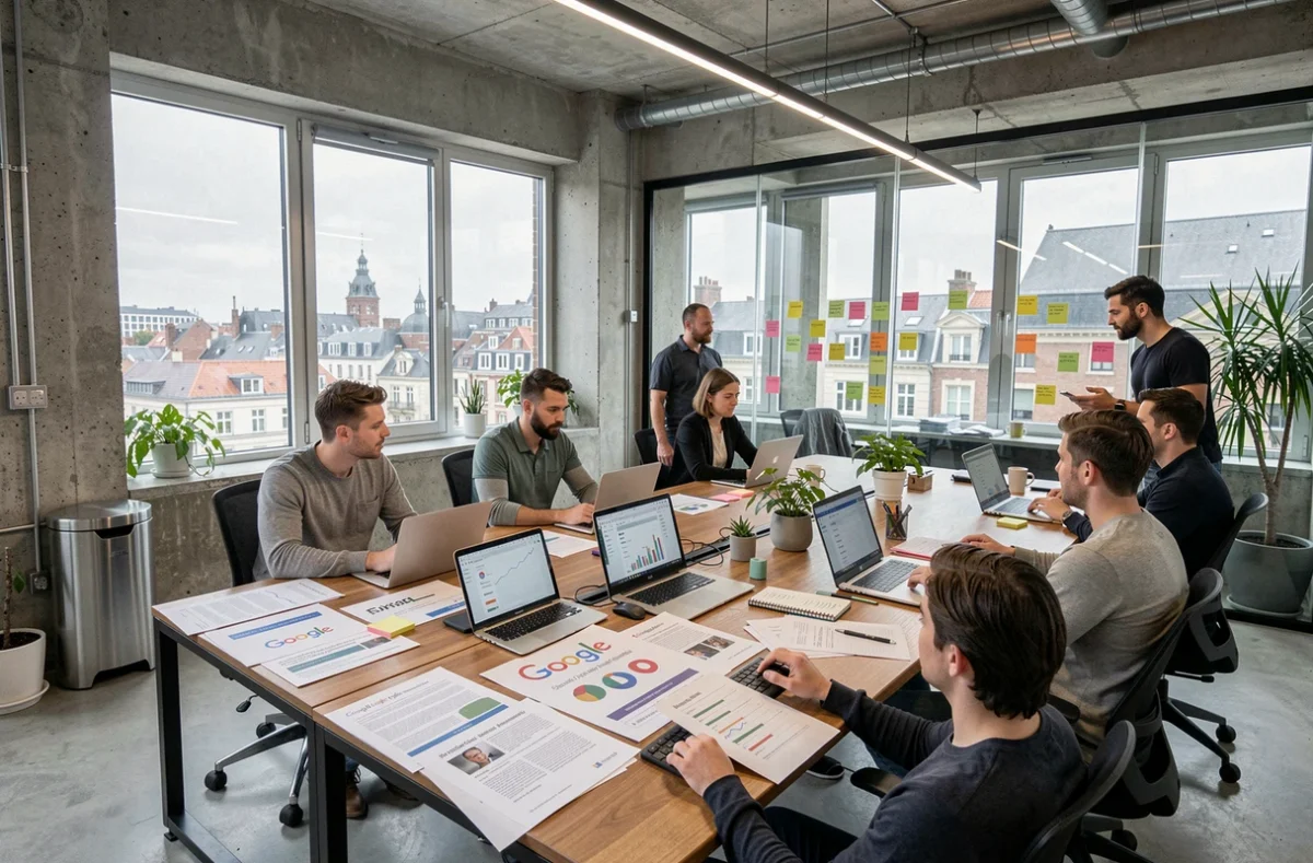 Vue d'ensemble d'une agence marketing digitale moderne dans les Hauts-de-France, avec des professionnels travaillant sur des campagnes Google Ads