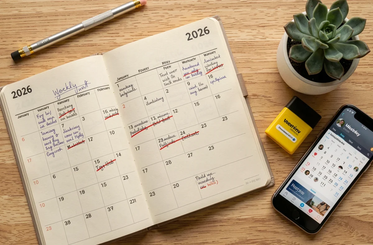 Vue de dessus d'un agenda 2026 annoté avec jours ouvrés et jours fériés marqués sur un bureau en bois