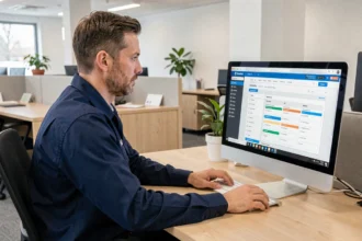 Agent en uniforme consultant son planning de travail sur un portail web professionnel depuis un ordinateur de bureau