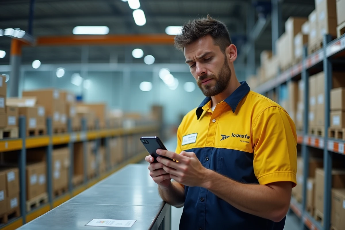 Agent de La Poste en uniforme consultant un calendrier sur smartphone pour gérer ses congés payés en période de grande activité