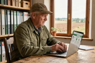 Agriculteur adhérent Terrena consultant son espace en ligne TERCIEL sur un ordinateur portable dans un bureau de ferme