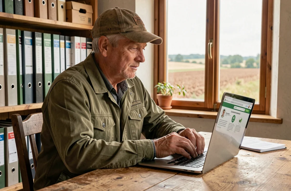 Agriculteur adhérent Terrena consultant son espace en ligne TERCIEL sur un ordinateur portable dans un bureau de ferme