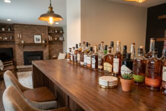 Comptoir de bar intérieur en bois de noyer avec bouteilles de spiritueux, tabourets en cuir et décor en brique apparente dans un salon chaleureux
