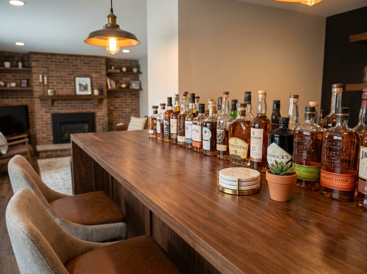 Comptoir de bar intérieur en bois de noyer avec bouteilles de spiritueux, tabourets en cuir et décor en brique apparente dans un salon chaleureux