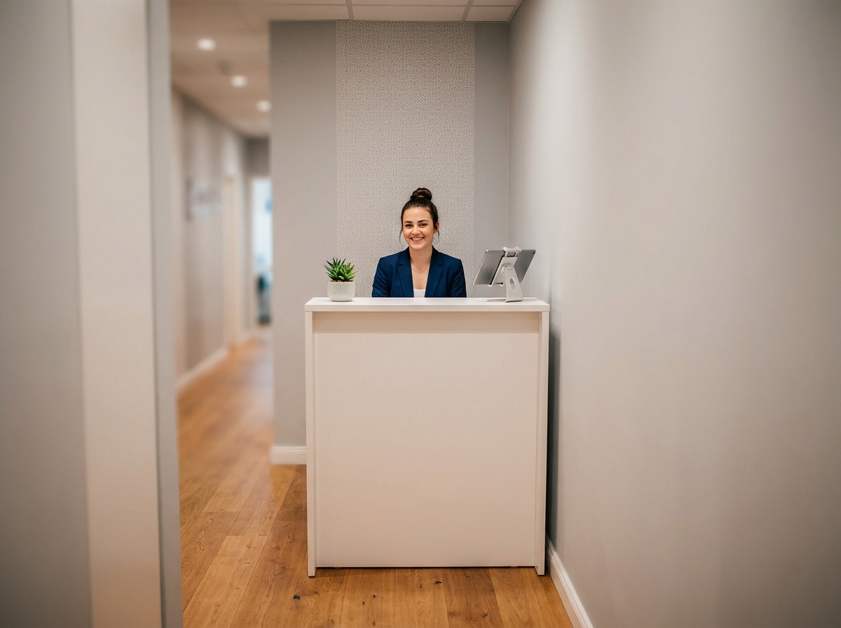 Bureau d'accueil compact dans un couloir étroit de petit bureau moderne avec une hôtesse souriante en blazer marine
