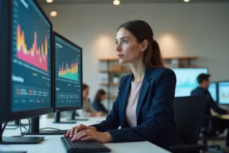 Analyste marketing féminine examinant les données de tracking d'affiliation Conversant sur deux écrans dans un bureau moderne