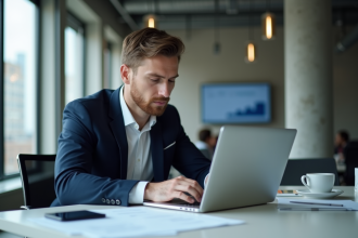 Jeune homme d'affaires analysant des données numériques au bureau