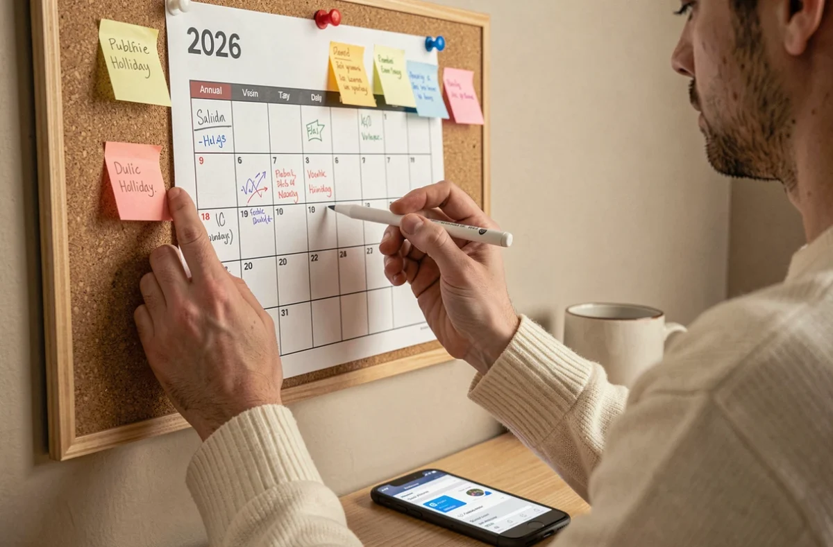 Gros plan de mains annotant un calendrier annuel 2026 pour comptabiliser les jours travaillés et les jours fériés
