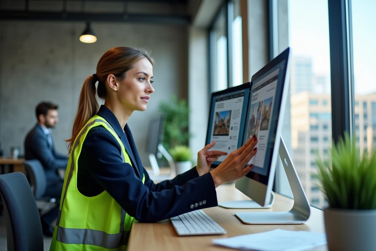 Architecte comparant des sites d'information BTP sur ordinateur dans un bureau moderne