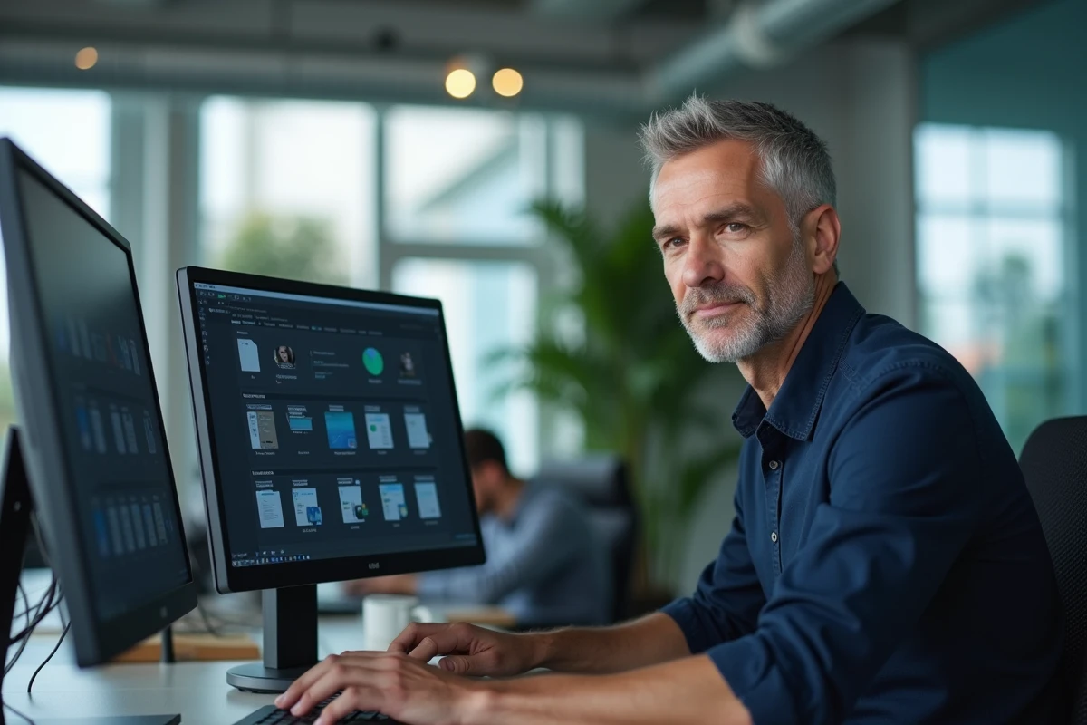 Homme archivant des documents numériques sur une application cloud dans un bureau en open space moderne