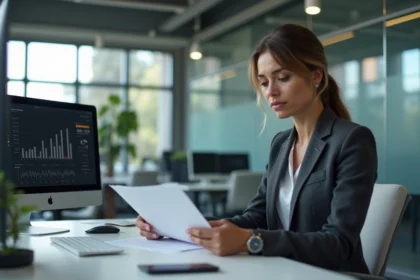 Professionnelle en blazer analysant des documents et des tableaux de bord numériques dans un bureau moderne, symbolisant l'évaluation des performances d'une entreprise en 2026