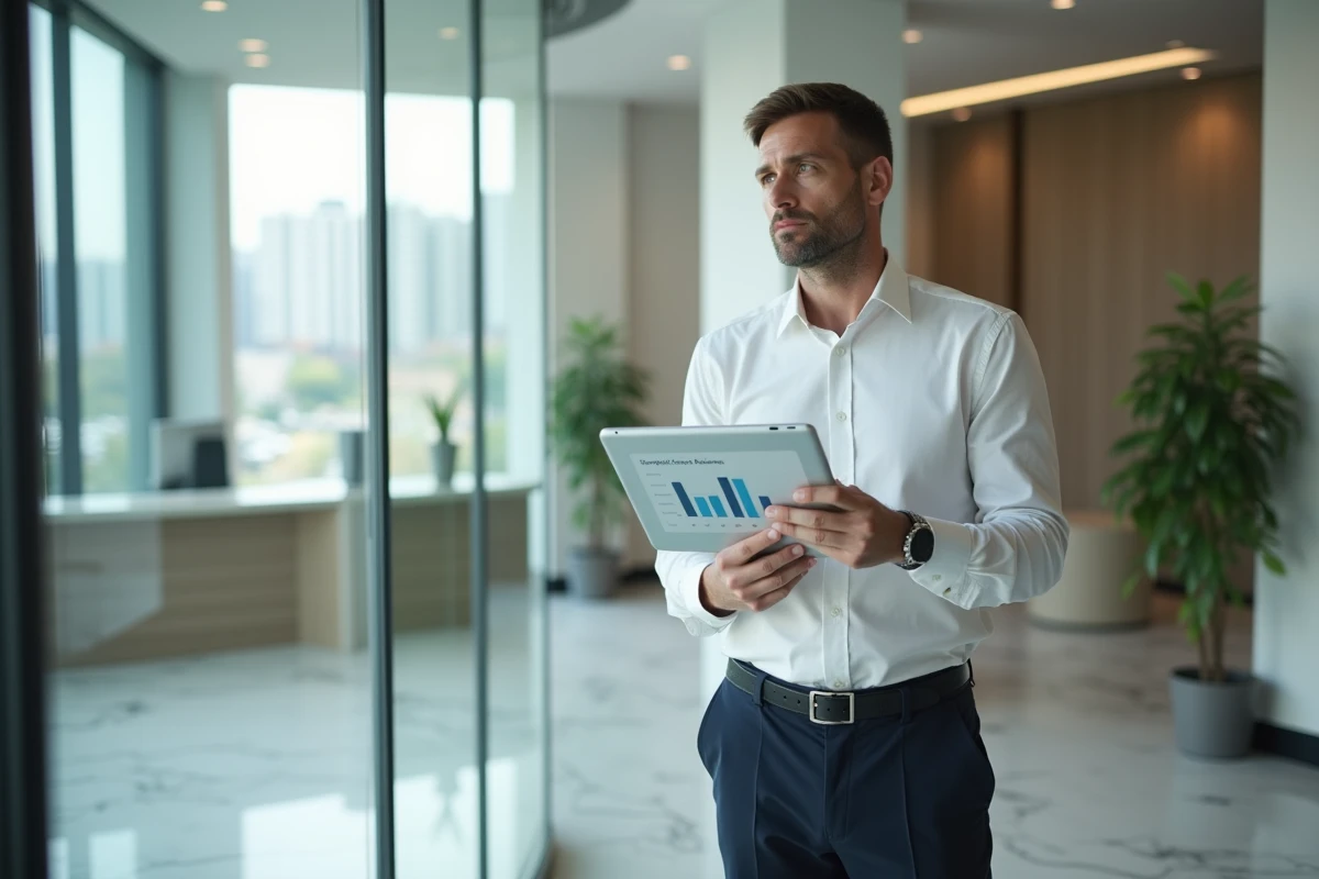 Homme d'affaires consultant une interface d'avis et d'évaluation sur tablette dans un hall d'entreprise moderne, illustrant le bilan et les perspectives d'une société en 2026