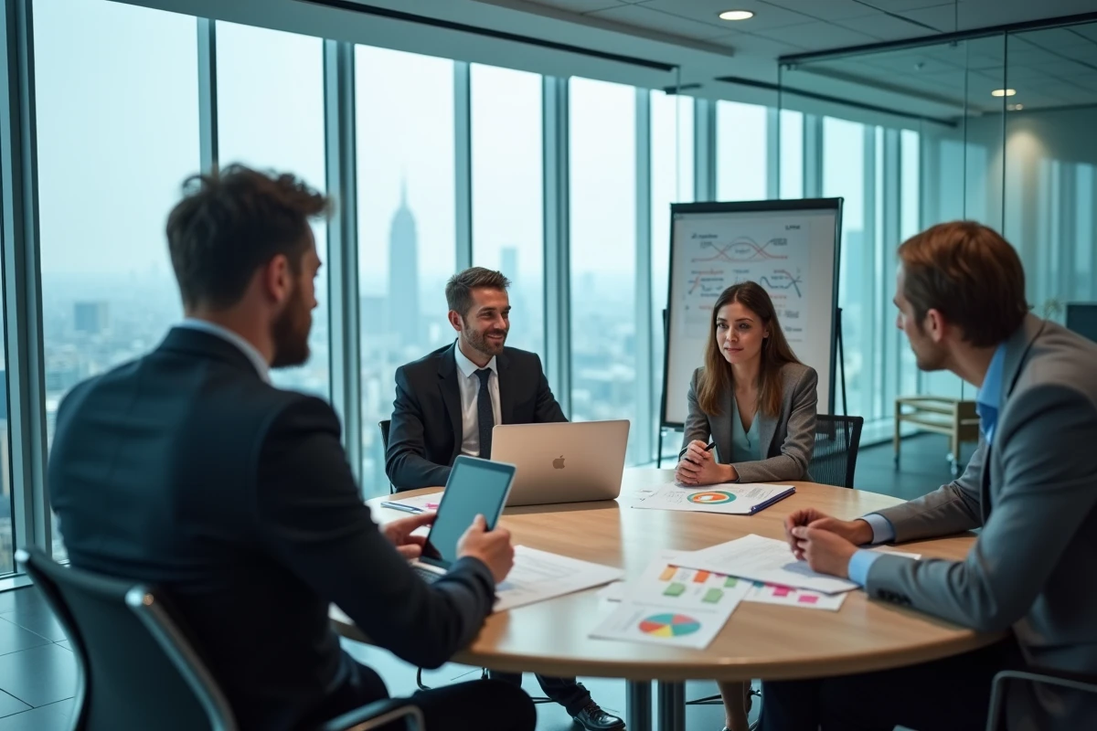 Équipe de professionnels en réunion collaborative autour d'une table de conférence, examinant des rapports et perspectives d'une entreprise en 2026