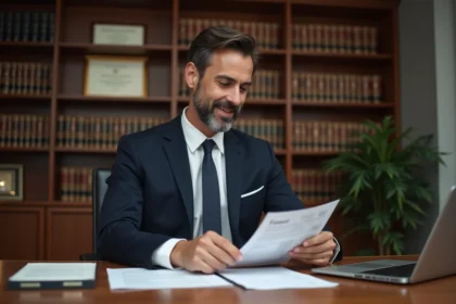 Avocat en cabinet examinant des documents fiscaux et cotisations sur son bureau en bois