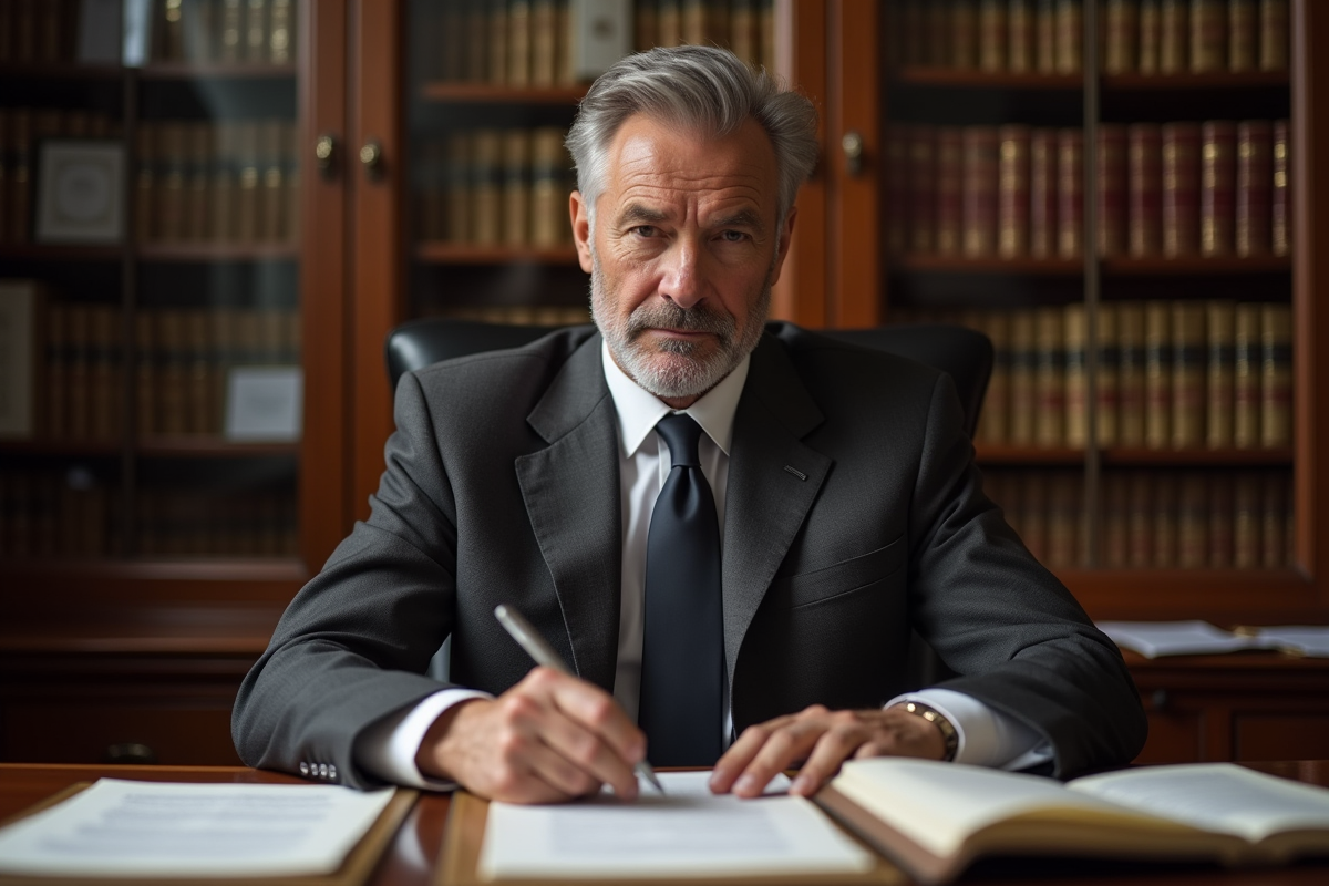 Avocat en costume dans un bureau classique avec livres de droit