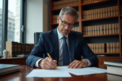 Avocat en costume navy examinant des documents juridiques