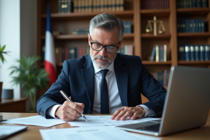 Avocat en costume navy annotant un document juridique dans un bureau