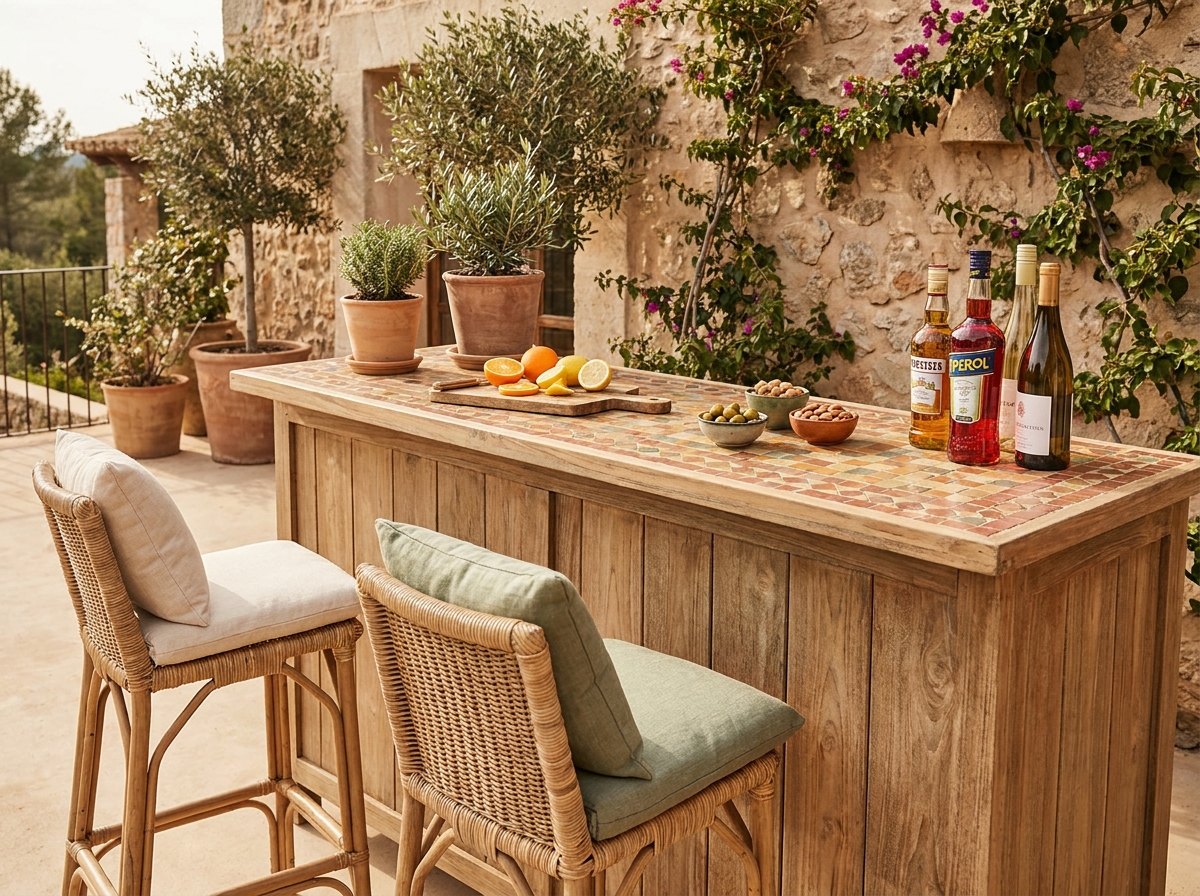 Bar extérieur en teck sur une terrasse méditerranéenne avec carrelage en mosaïque, tabourets en rotin et bouteilles d'apéritif entourés d'oliviers en pot