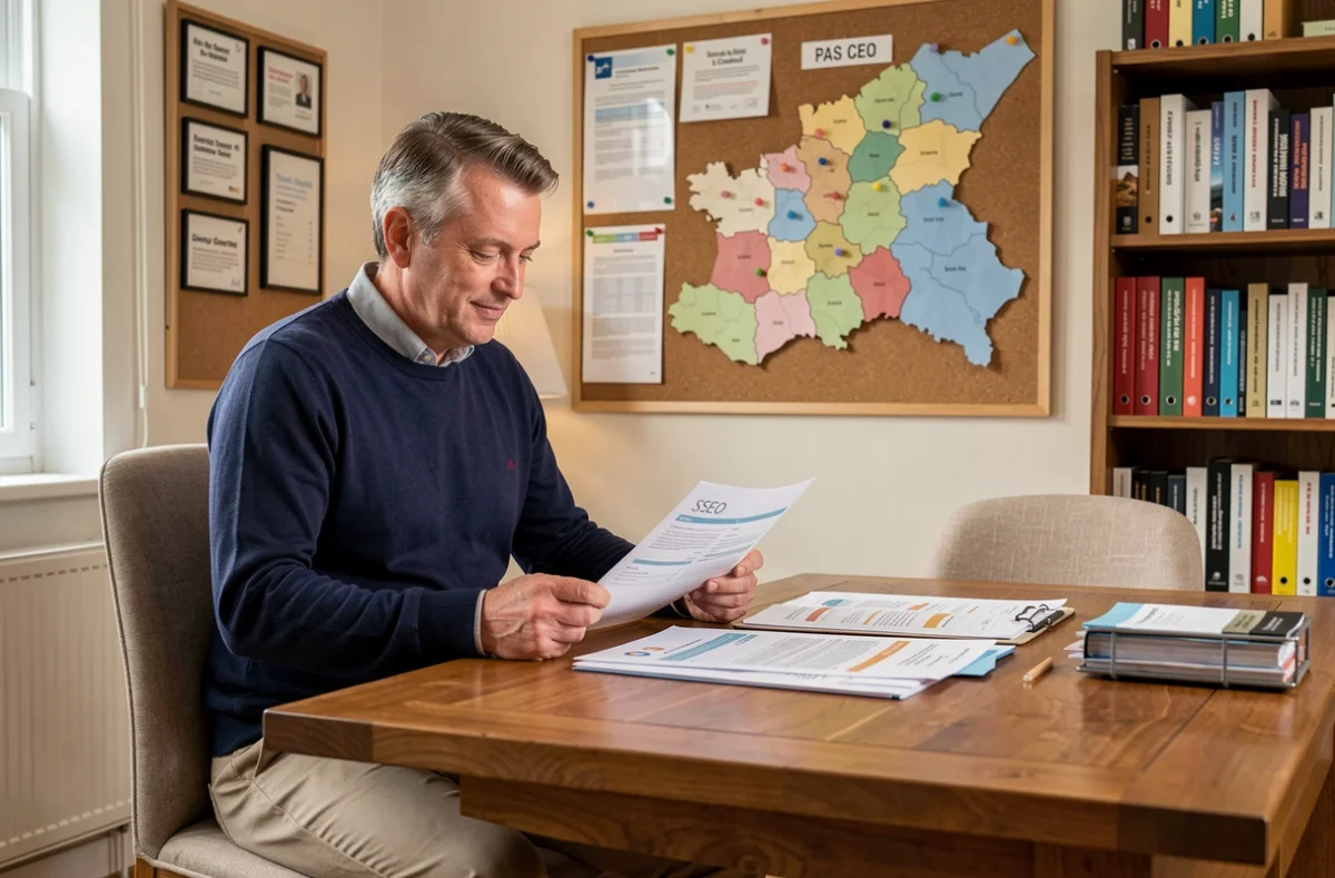 Consultant de l'agence Beforcom examinant des rapports SEO dans un bureau professionnel ancré dans le Pas-de-Calais