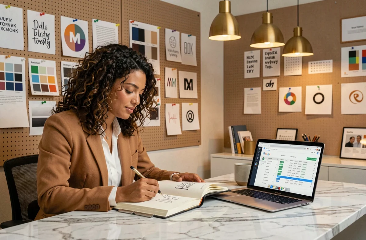Designer et consultante SEO de l'agence Branderizing travaillant sur une identité de marque dans un studio créatif élégant
