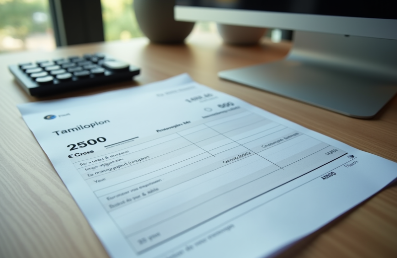 Bureau moderne avec fiche de paie et calculatrice en gros plan