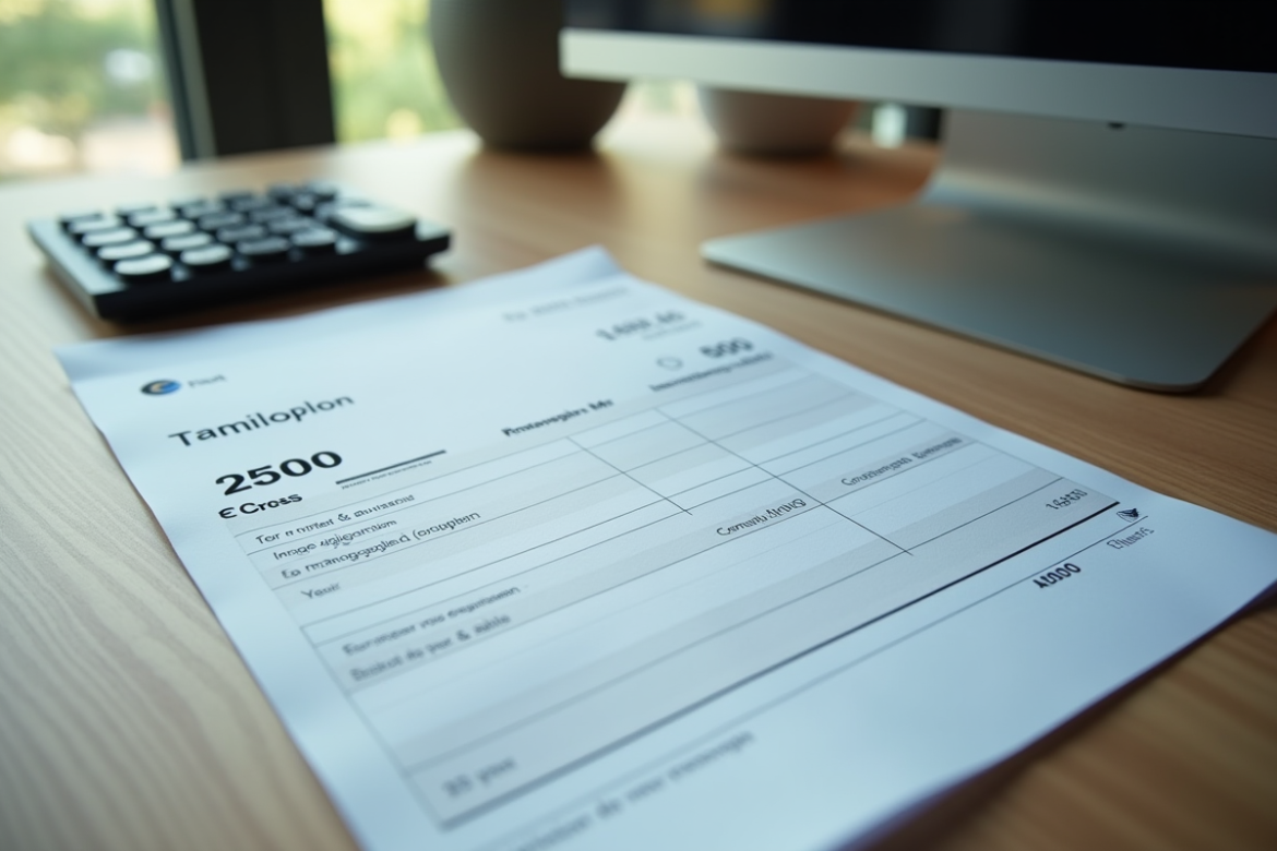 Bureau moderne avec fiche de paie et calculatrice en gros plan