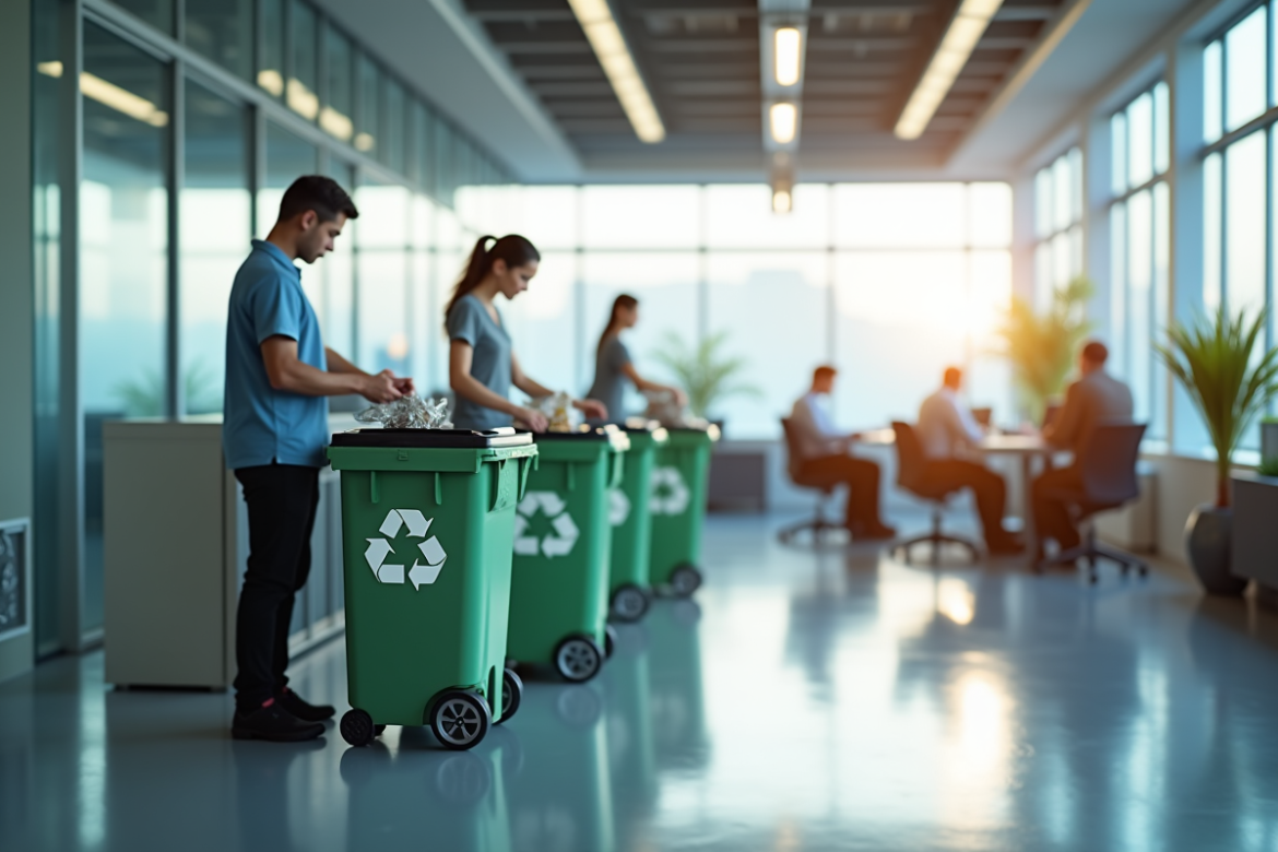 Espace de bureau moderne avec employés triant des déchets recyclables