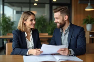 Une business angel en blazer marine discute d'un plan d'affaires avec un jeune entrepreneur dans un espace de co-working moderne
