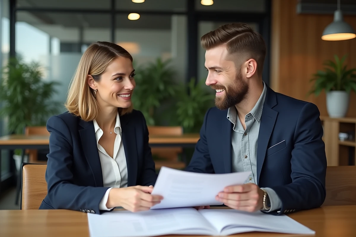 Une business angel en blazer marine discute d'un plan d'affaires avec un jeune entrepreneur dans un espace de co-working moderne