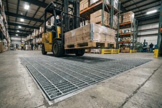Caillebotis charge lourde en acier galvanisé dans une allée de circulation d'entrepôt industriel avec chariot élévateur