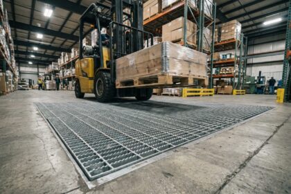 Caillebotis charge lourde en acier galvanisé dans une allée de circulation d'entrepôt industriel avec chariot élévateur