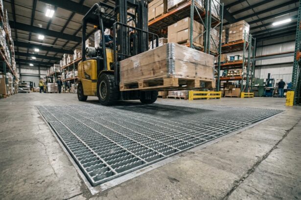 Caillebotis charge lourde en acier galvanisé dans une allée de circulation d'entrepôt industriel avec chariot élévateur