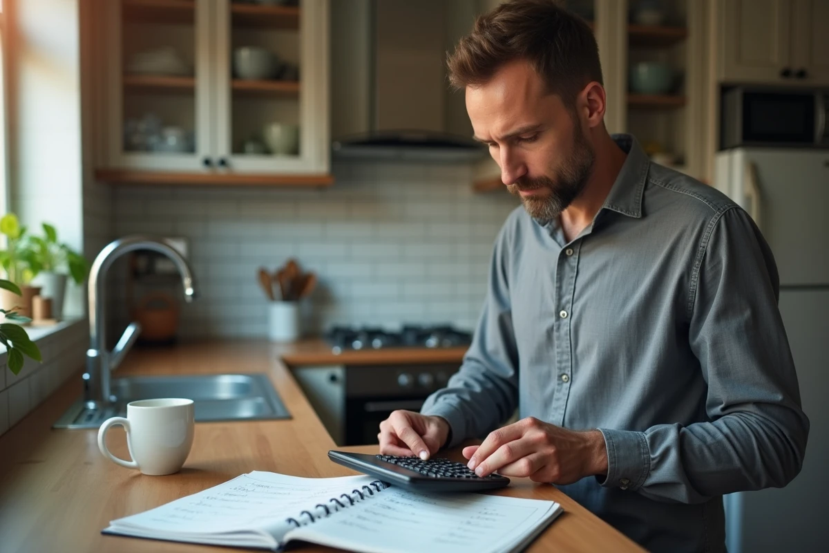 Homme calculant ses heures de travail et son salaire minimum SMIC sur une calculatrice dans sa cuisine