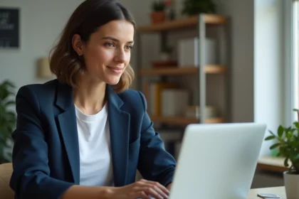 Candidate travaillant à distance sur une plateforme de recrutement en ligne depuis son bureau à domicile