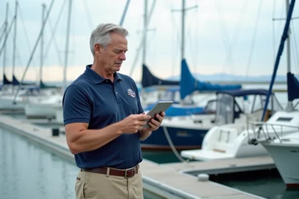 Capitaine de port consultant une tablette numérique sur un ponton moderne d'un port de plaisance réinventé