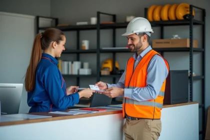 Responsable de chantier remettant sa carte de fidélité Loxam à une conseillère au comptoir d'une agence de location de matériel professionnel