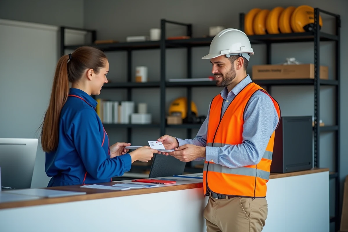 Responsable de chantier remettant sa carte de fidélité Loxam à une conseillère au comptoir d'une agence de location de matériel professionnel