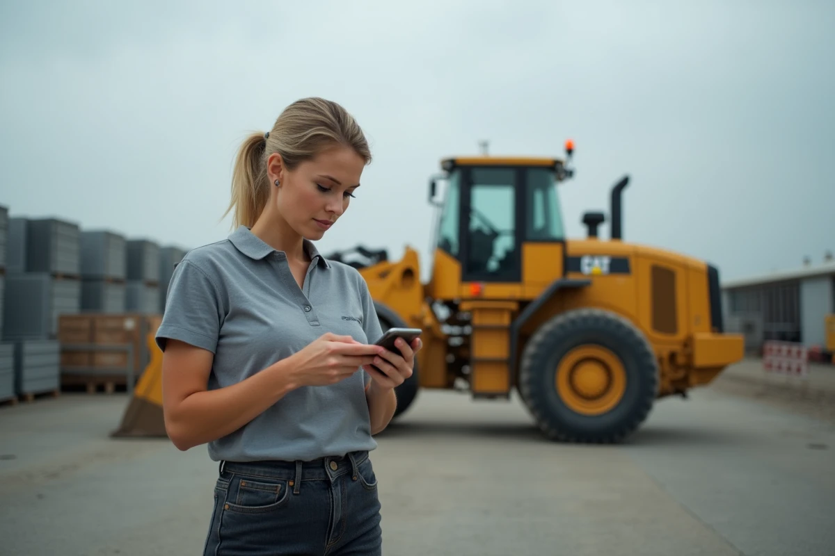 Entrepreneuse tenant une carte de location professionnelle Loxam devant des engins de chantier dans un dépôt de matériel en plein air